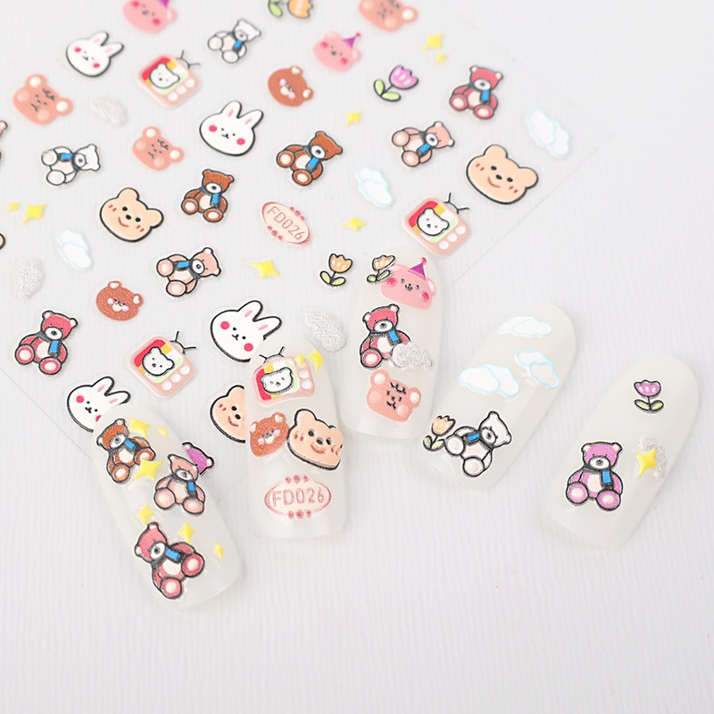 1 Tấm Hình Dán Móng Tay In Hình Gấu Hoạt Hình 5D Dễ Thương Chống Nước Tự Dính DIY