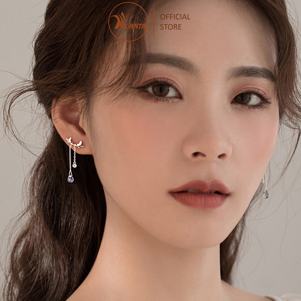 Bông Tai Bạc 925 ATJ7054B Hình Bướm Thả Dài Đính Đá Pha Lê Xanh Phong Cách Hàn Quốc -  ANTA Jewelry