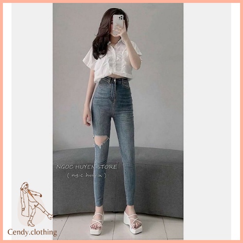 [Hàng Cao Cấp Loại 1 + Video Thật] - Quần Jean Cạp Cao Rách Gối Cá Tính CendyClothing - CD062