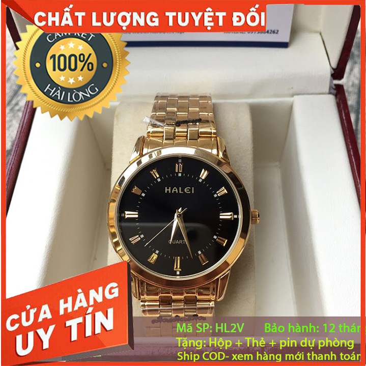 Đồng Hồ Nam Halei Dây Mạ Vàng Mặt Đen Cao Cấp Sang Trọng-chống Nước-chống Xước (Tặng Kèm Pin Phụ)