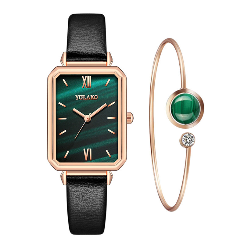 Đồng Hồ Đeo Tay Mặt Hình Chữ Nhật Màu Xanh Lá Dành Cho Nữ