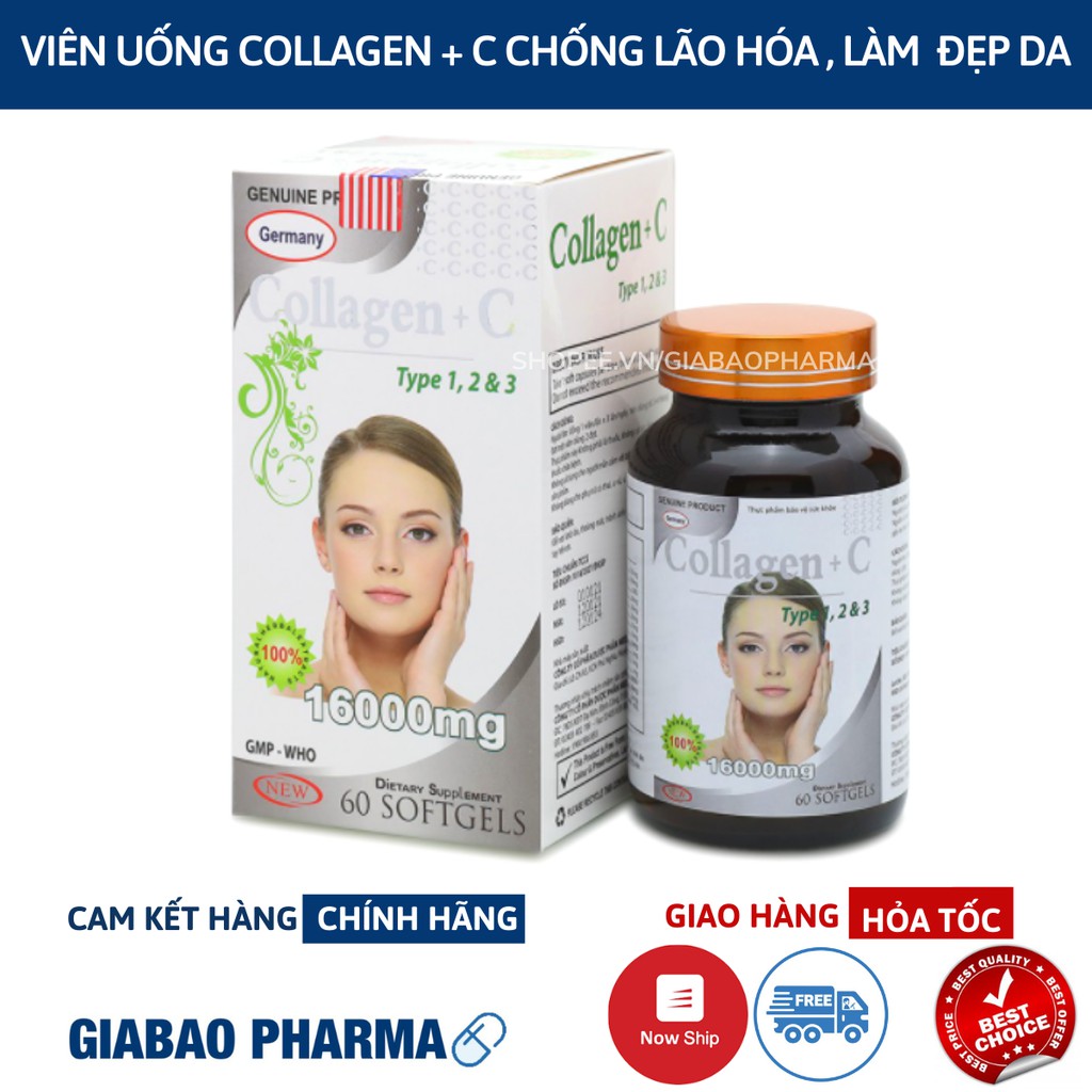 Viên uống COLLAGEN +C bổ sung collagen, vitamin e giúp chống lão hóa, cải thiện nếp nhăn - Hộp 60 viên dùng 30 ngày | Thế Giới Skin Care