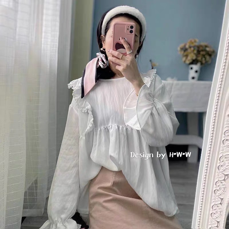 Áo Sơ Mi Babydoll Cổ Tròn Dài Tay Mặc Đi Làm Đi Học Đi Chơi Đều Xinh [ẢNH THẬT+VIDEO]