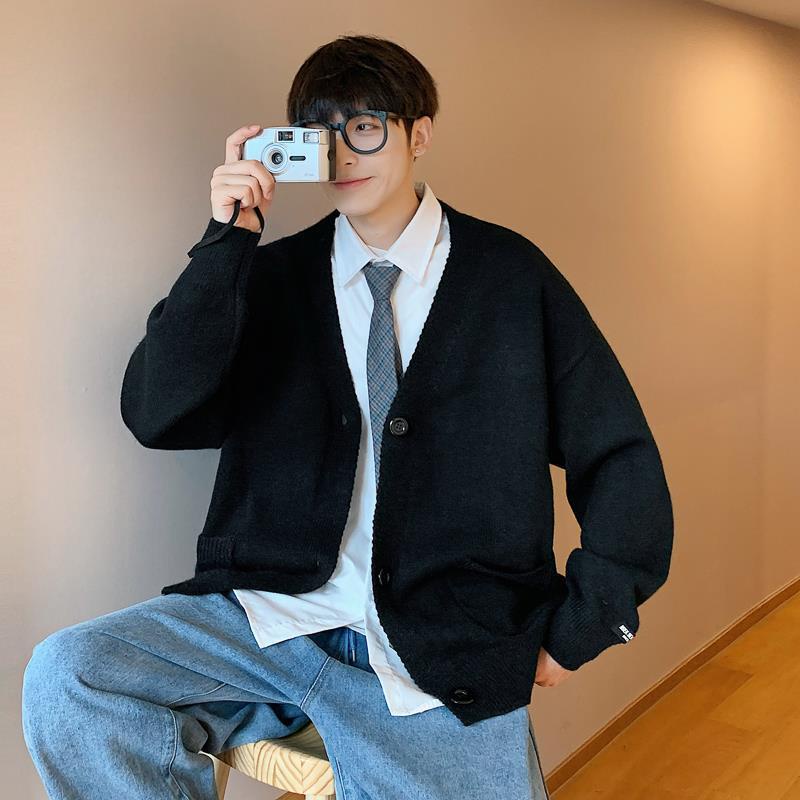 Áo Khoác cardigan Cổ Chữ V Màu Trơn Dáng Rộng Thời Trang Xuân Thu Dành Cho Nam 2021