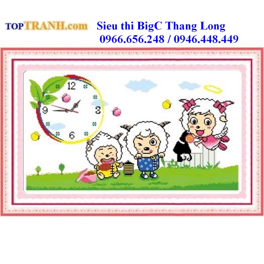 Tranh thêu chữ thập đồng hồ hoạt hình con cừu vui vẻ 8163 chưa thêu