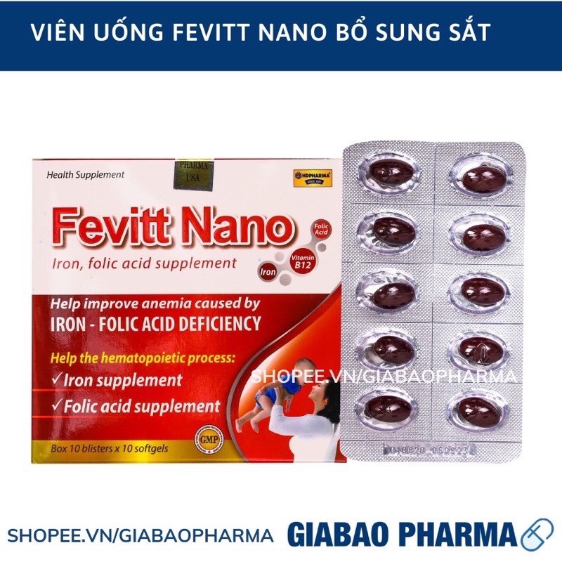 Viên uống bổ sung sắt Fevit Nano bổ máu, cải thiện tình trạng thiếu máu - Hộp 100 viên