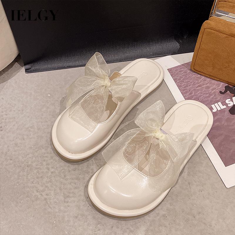 Dép lê IELGY đế phẳng bít mũi đính nơ hở phân nửa dành cho nữ