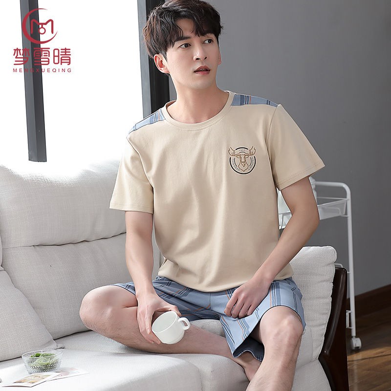 ♂✘♣100% Bộ đồ ngủ cotton cho nam mùa hè ngắn tay cộng với size bé trai đồng màu, phục vụ tại nhà bằng cotton, phầ