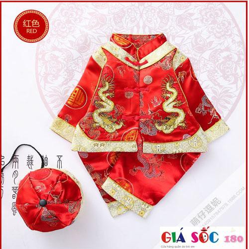 Bộ đồ tết bé trai kèm nón nút tàu chất gấm thêu hoa văn