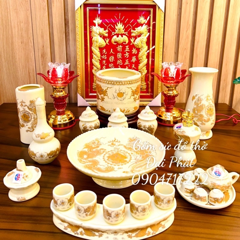 Bộ đồ thờ cúng, Set đồ thờ men vàng gốm sứ Bát Tràng cao cấp, Bộ đồ thờ thần tài, đồ thờ gia tiên chuẩn