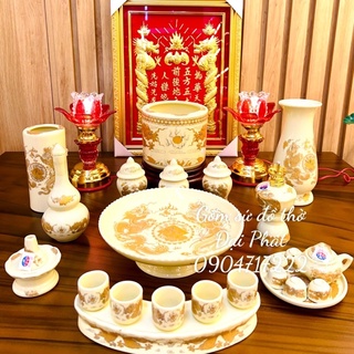 Bộ đồ thờ cúng, Set đồ thờ men vàng gốm sứ Bát Tràng cao cấp, Bộ đồ thờ thần tài, đồ thờ gia tiên chuẩn