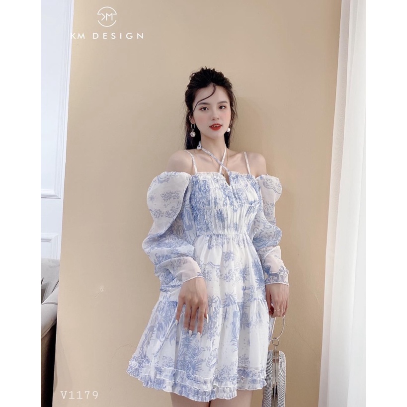 đầm voan hoa bẹt vai nữ tính nhẹ nhàng trong veo pu