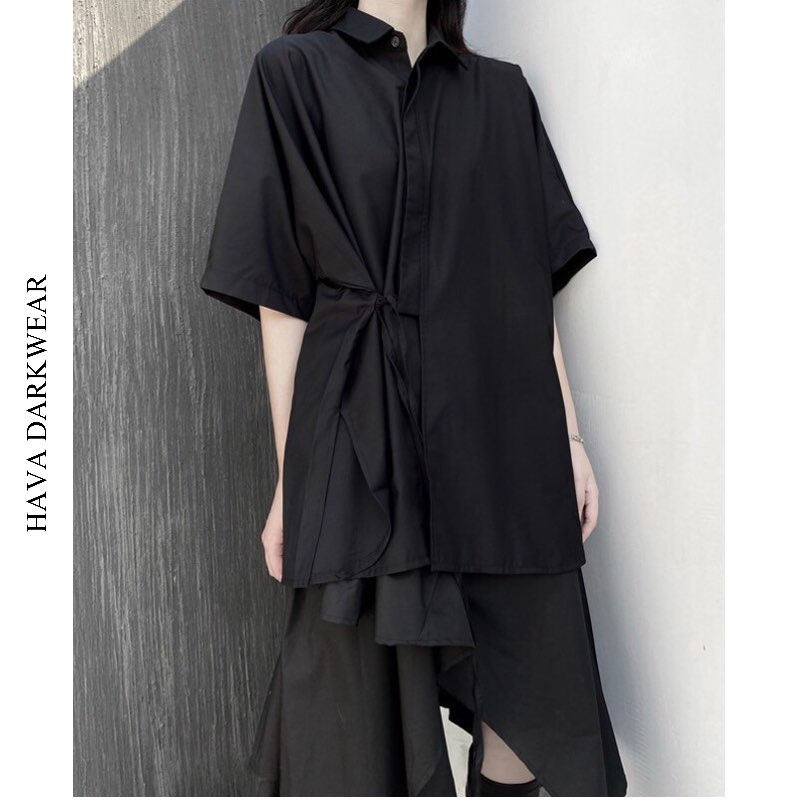 Áo sơ mi đen HAVADW tay lỡ chất mango chéo hàn mềm mát form suông rộng cá tính ASM16