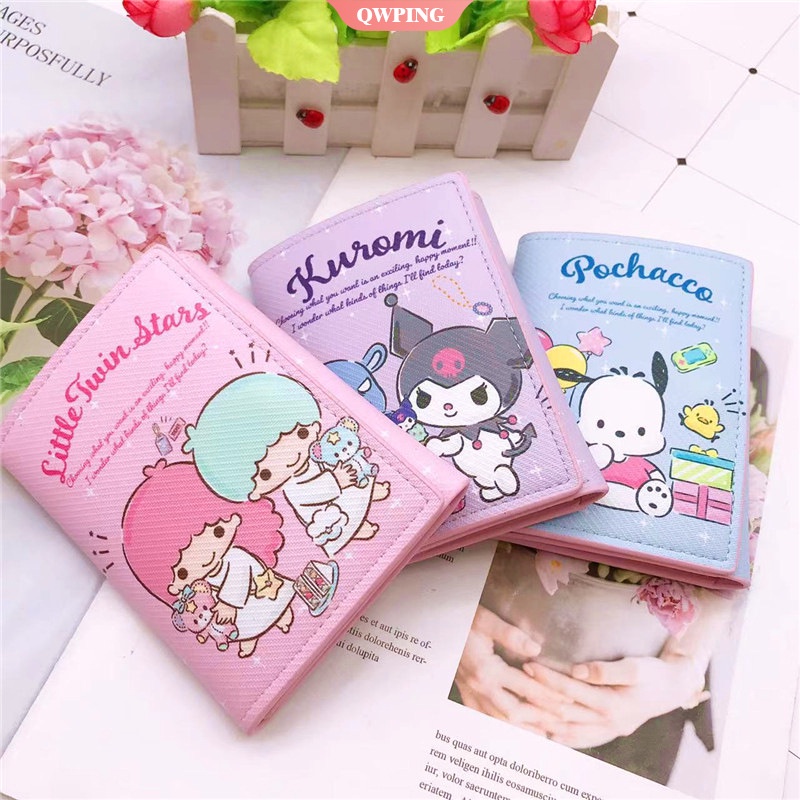 Sanrio Ví Da PU Ngắn Đựng Tiền Xu Nhiều Ngăn Họa Tiết Mèo Hello Kitty Kuromi Kawaii Cho Nữ