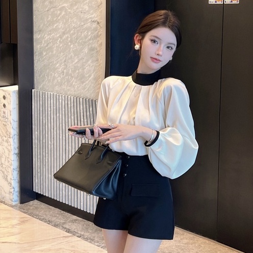Bộ Áo Sơ Mi Tay Dài Cổ Tròn Phối Màu Tương Phản + Quần Short Lưng Cao Ống Rộng Thời Trang Hàn Quốc Tw
