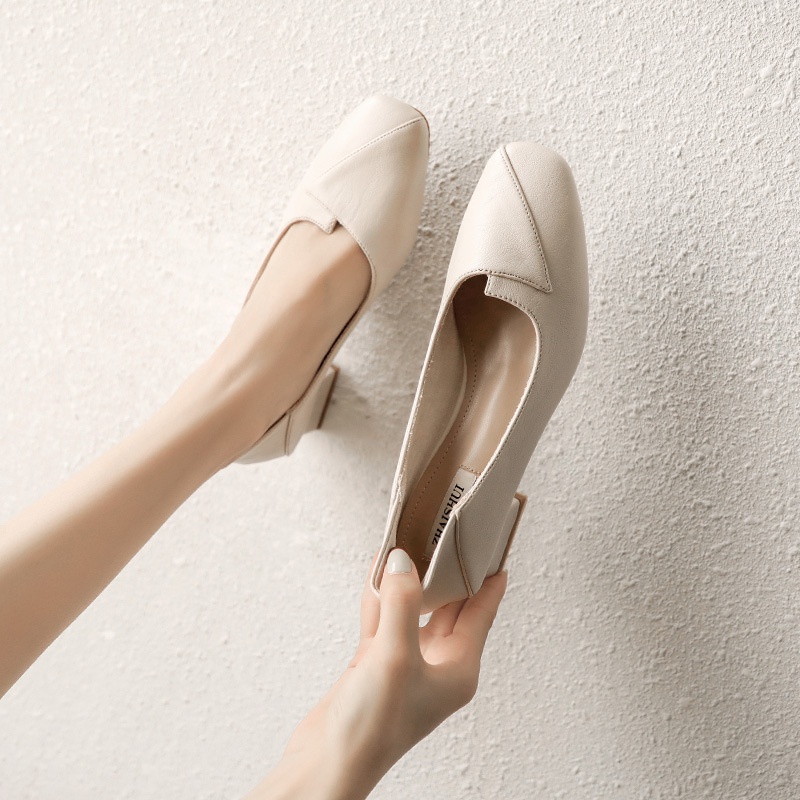 Giày Cao Gót Mũi Vuông Gót Vừa Dày Dặn Màu Sắc Nude Thời Trang Xuân Thu Cho Nữ