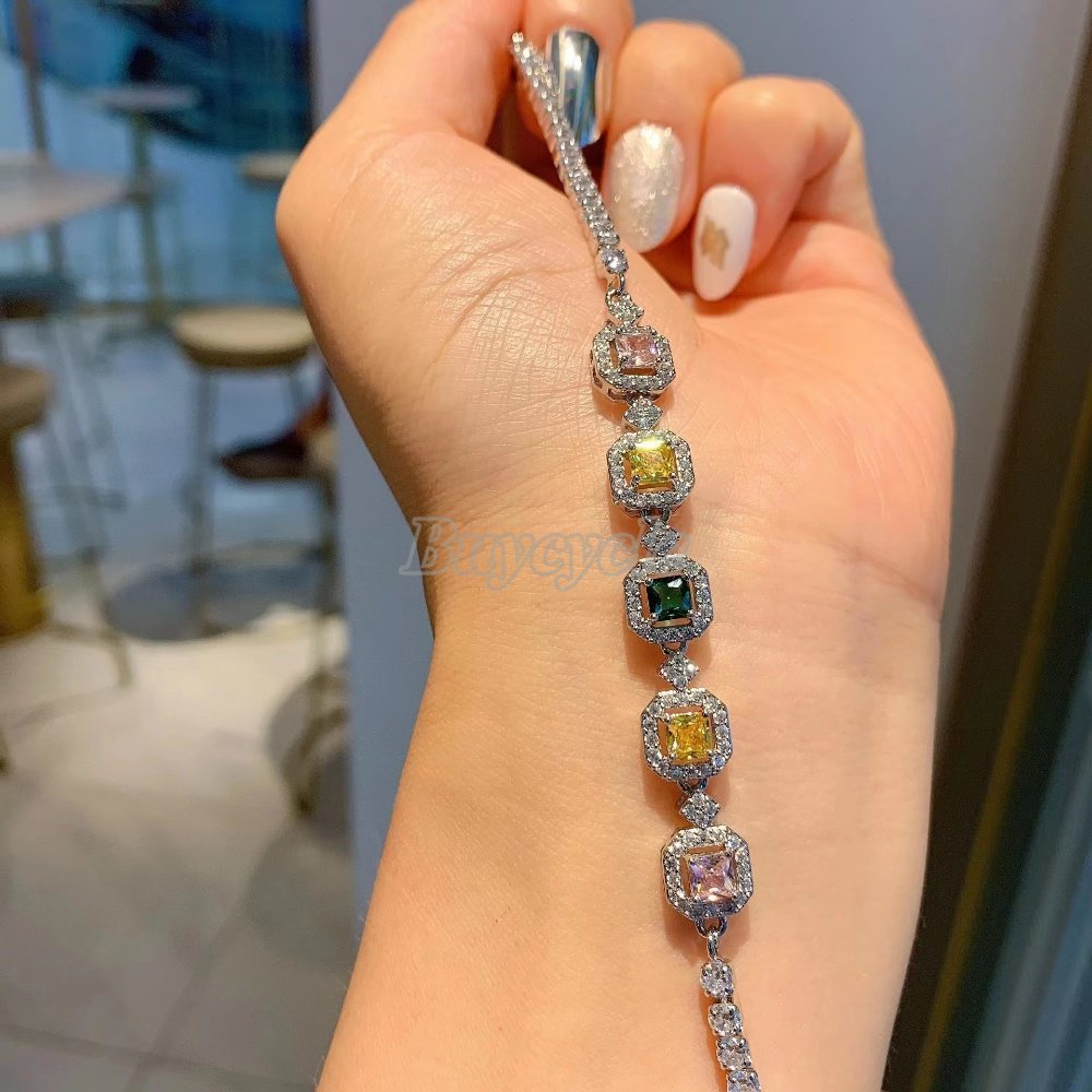 Vòng Tay Công Chúa Tourmaline Hình Vuông Đính Kim Cương Nhân Tạo Màu Sắc Thời Trang Cho Nữ