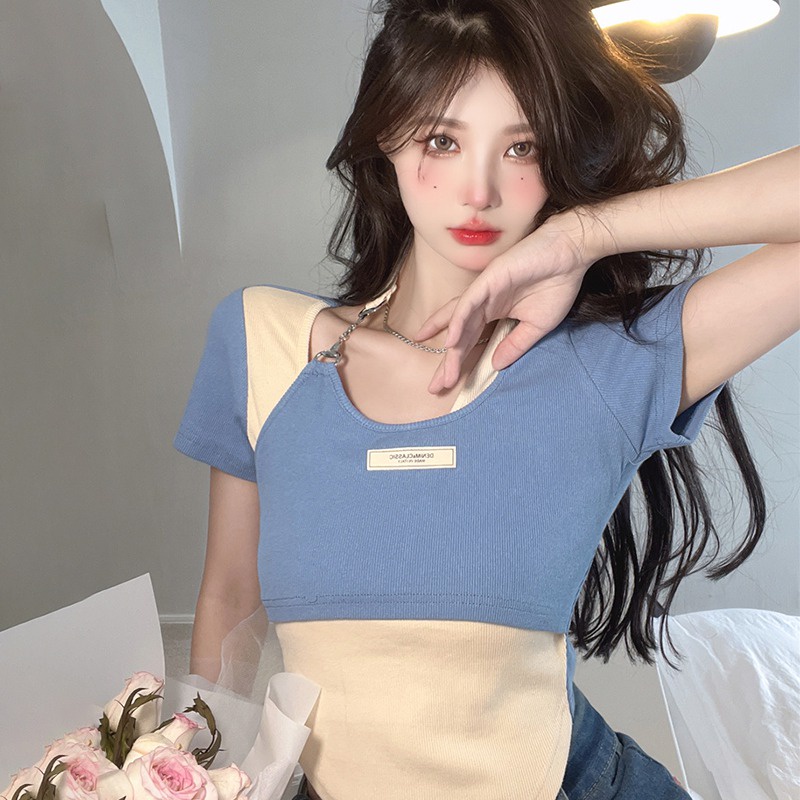 Áo Thun Tay Ngắn Dáng Ôm Màu Sắc Tương Phản Phong Cách Cổ Điển Thời Trang Cho Nữ