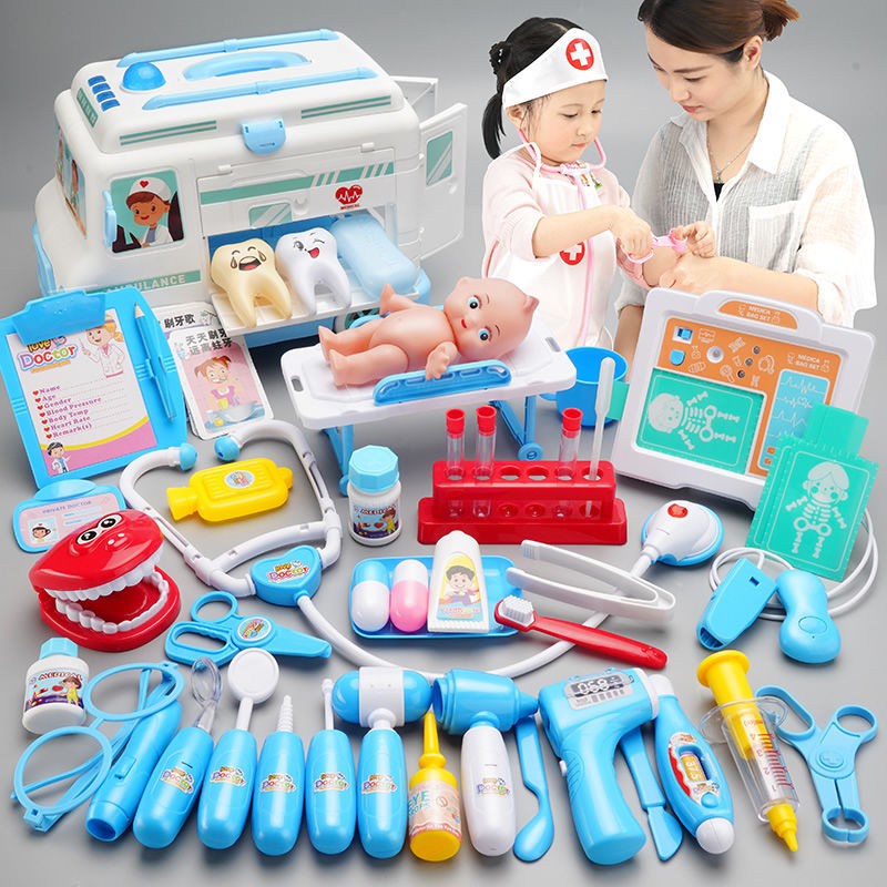 Xe đồ chơi  bác sĩ hình xe cứu thương, có thể di chuyển, có đèn nhạc,dụng cụ