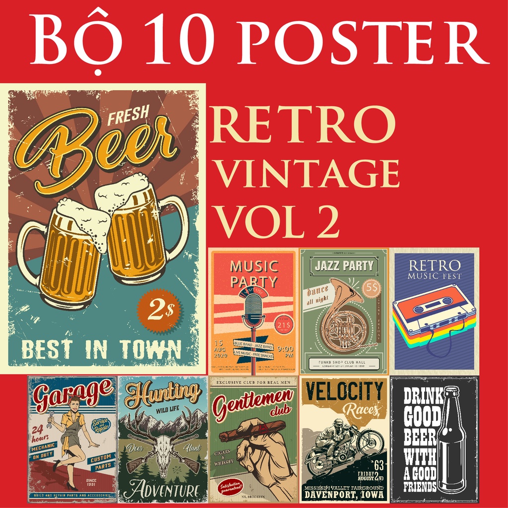 Bộ 10 tấm poster vintage trang trí vol2, poster retro dán tường khổ a4, A3 thiết kế cổ điển Phần 2