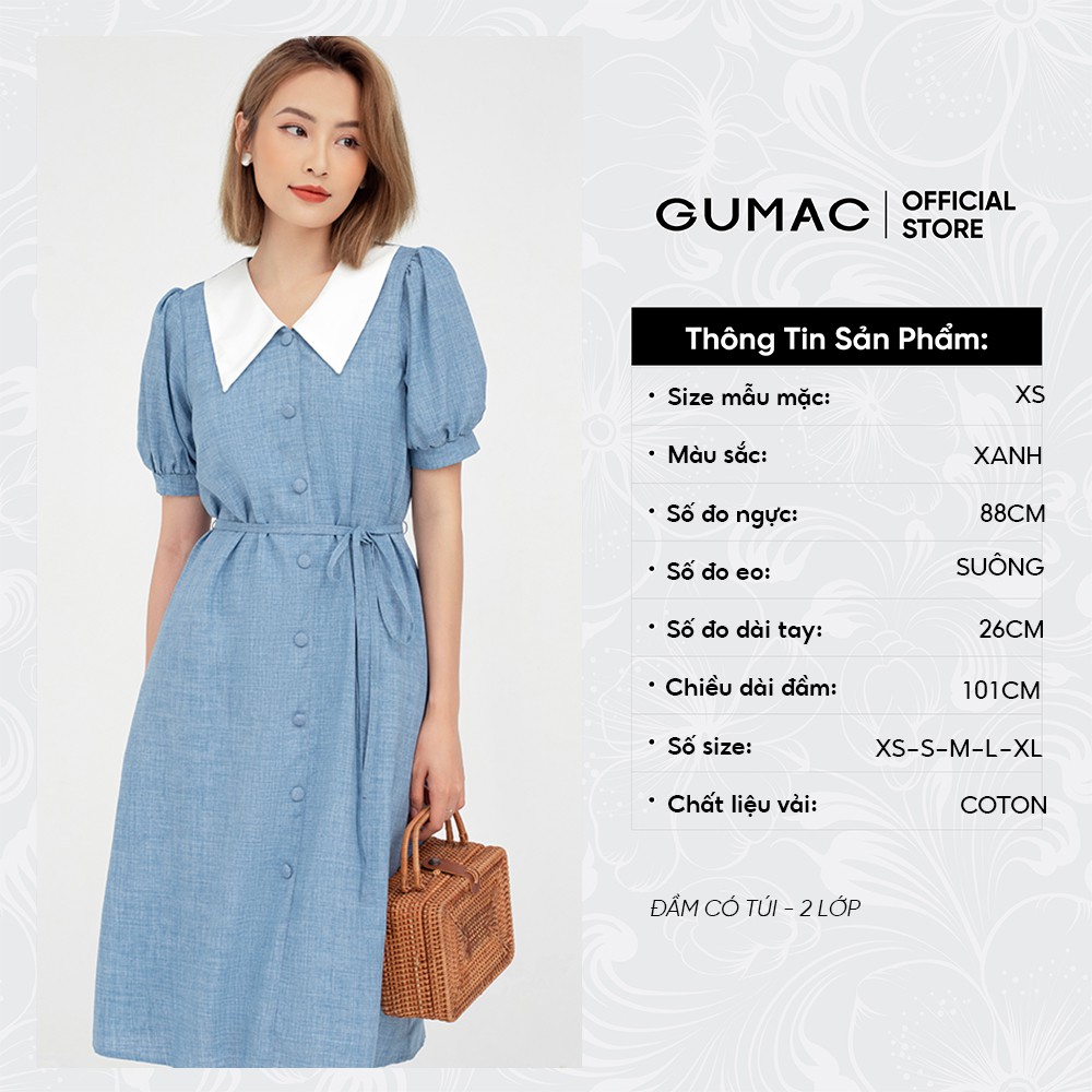 [Mã WABRGU72 giảm 10% tối đa 50k đơn 250k] Đầm xòe nữ nẹp nút phối cổ GUMAC màu xanh tay ngắn DB574