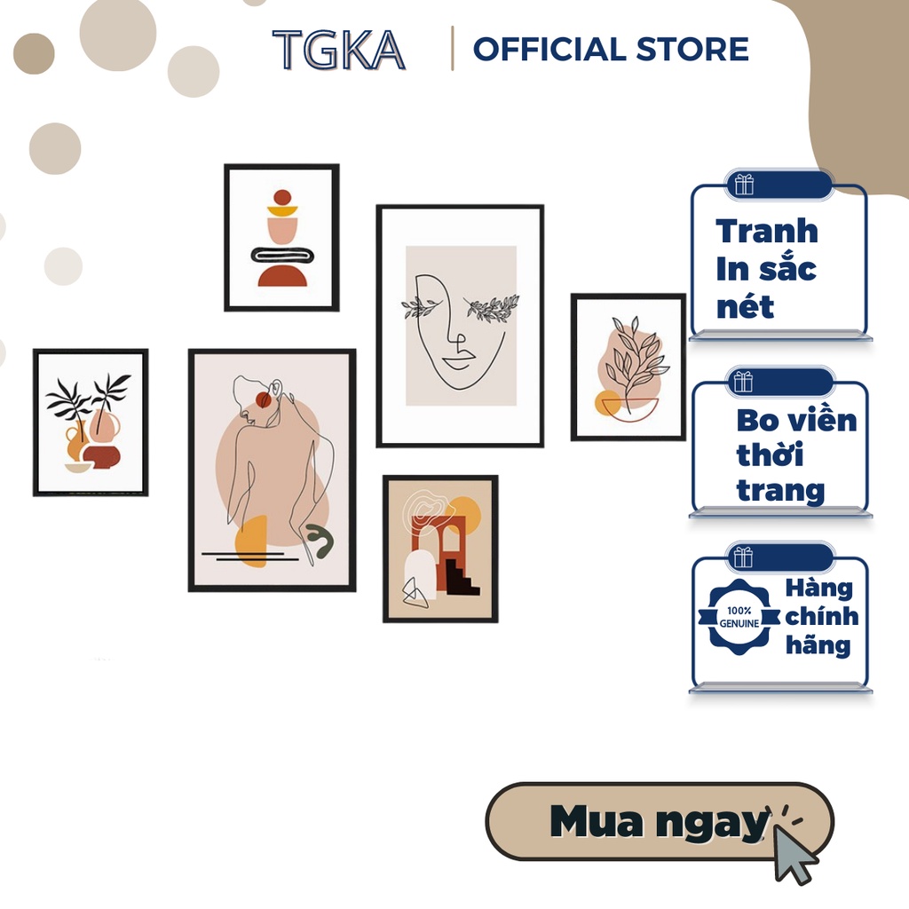 Bộ 6 tranh treo tường hiện đại TGKA có sẵn keo 2 mặt, tranh decor dán tường