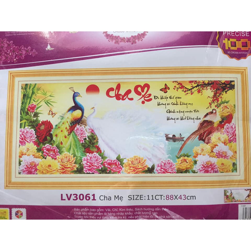 Tranh thêu chữ thập cha mẹ KT:88x43cm, tranh chưa thêu và chưa khung, tặng kéo và sỏ chỉ.