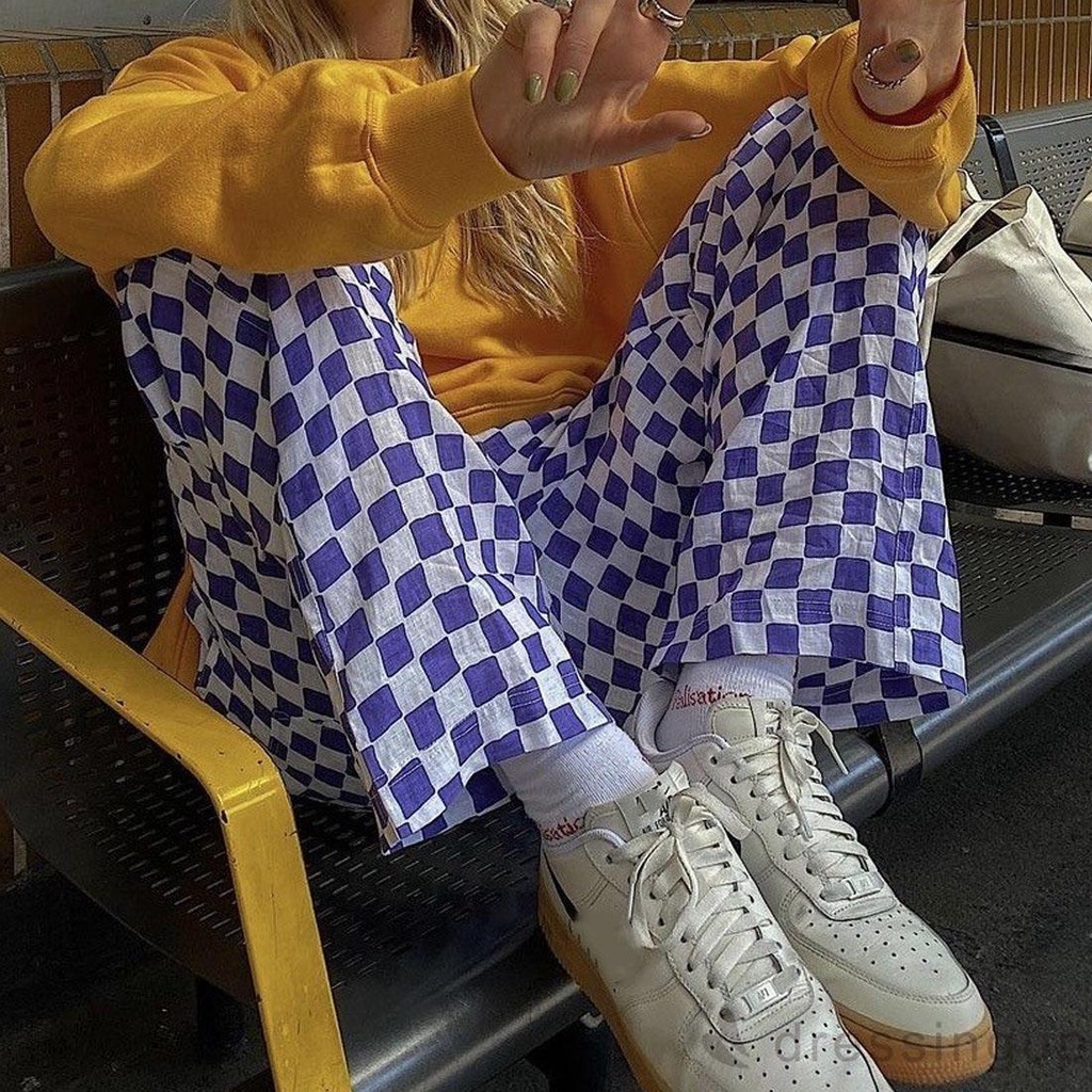 Quần Dài Ống Đứng Lưng Cao In Họa Tiết Caro Thời Trang Cho Nữ