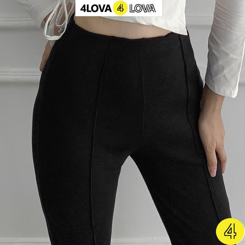 Quần ống loe len gân trơn 4LOVA lưng cạp cao vải dài suông loe culottes màu đen tàn EVA1