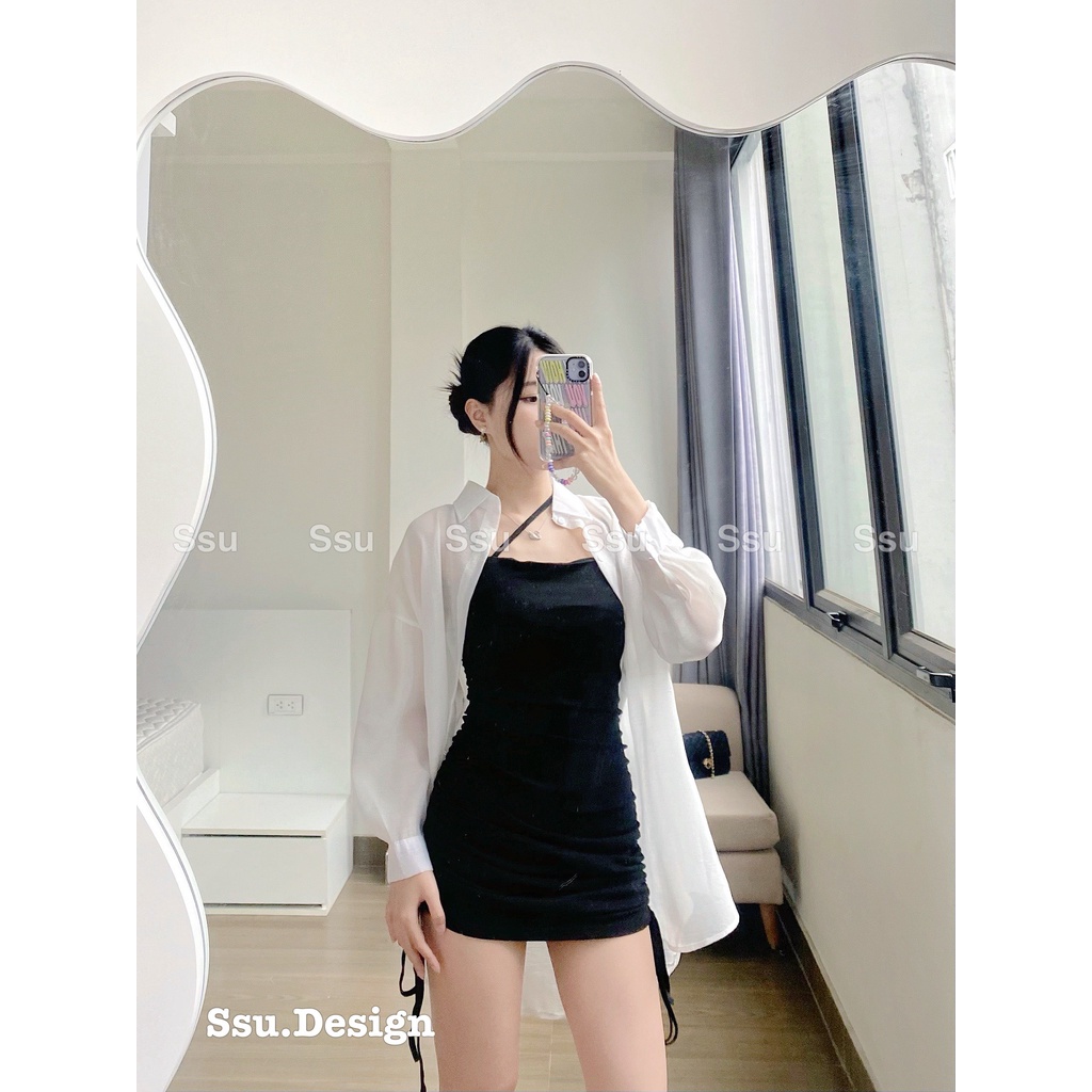 Set váy dây rút body kèm áo sơ mi hottrend cổ điển