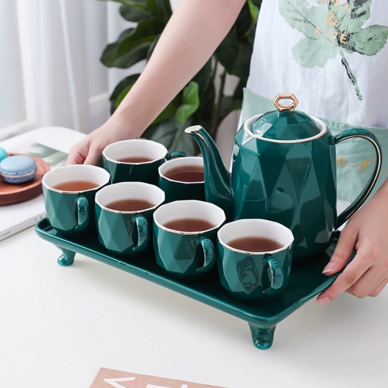 Bộ ấm trà vân kim cương sang trọng - xanh coban