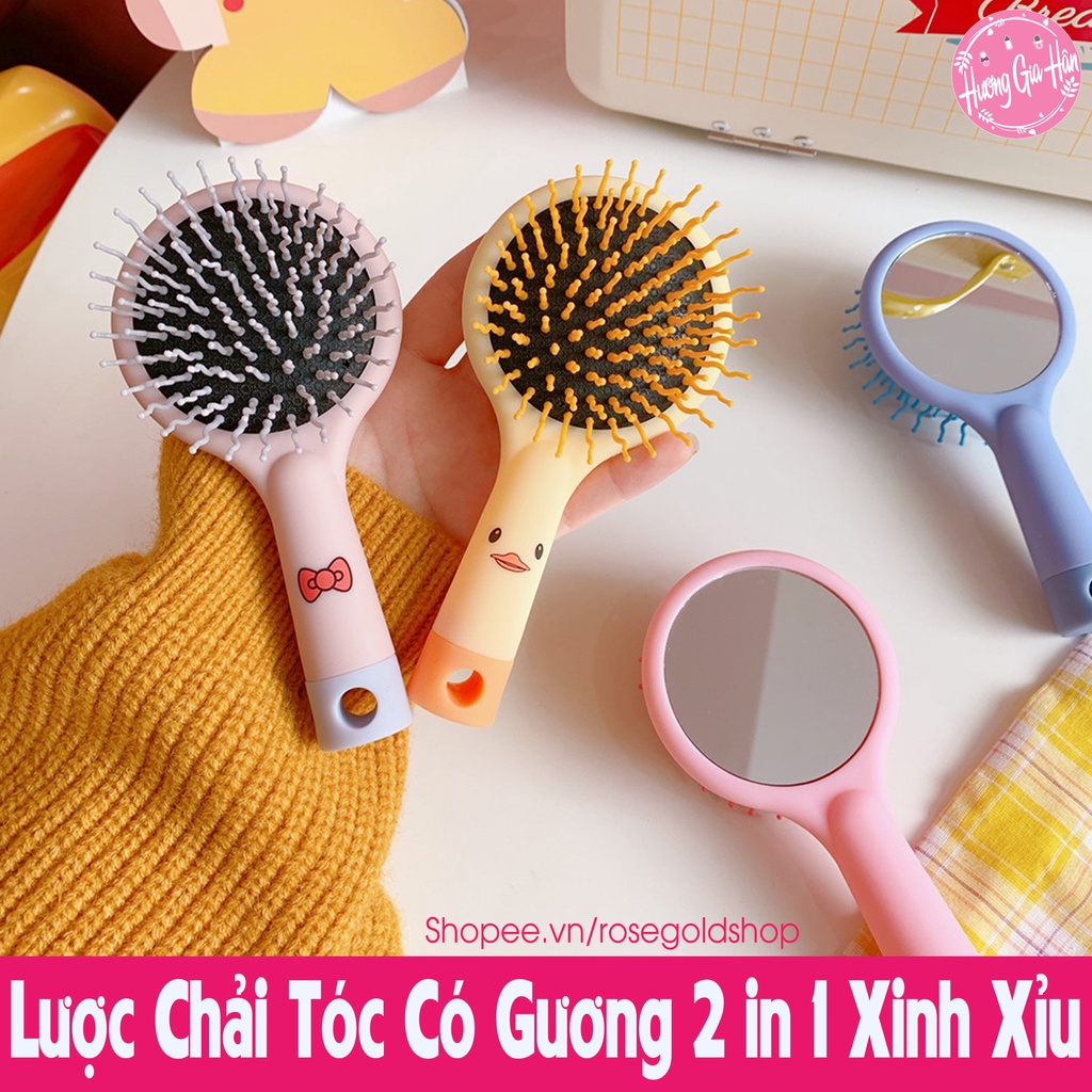 Lược Chải Tóc Massage Đầu Kèm Gương 2 in 1 Hoạt Hình Nhiều Mầu Xinh Xắn Cho Bạn Gái