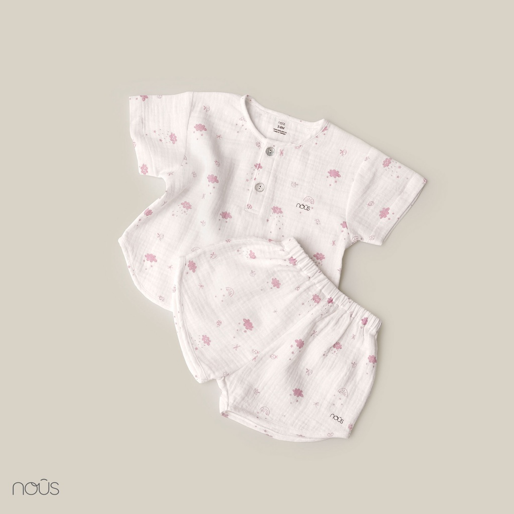 Bộ Quần Áo Cộc Cài Thẳng Nous Màu Trắng Hình Ong Nhỏ- Cho Bé Gái-Chất Liệu Nu Muslin (Size Từ 0-3 Tháng Đến 6-9 Tháng)