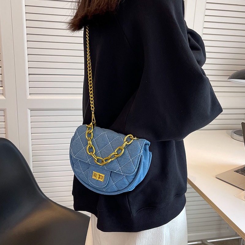 Túi Đeo Chéo Vải denim Phối Dây Xích Phong Cách Hàn Quốc Thời Trang Dành Cho Nữ