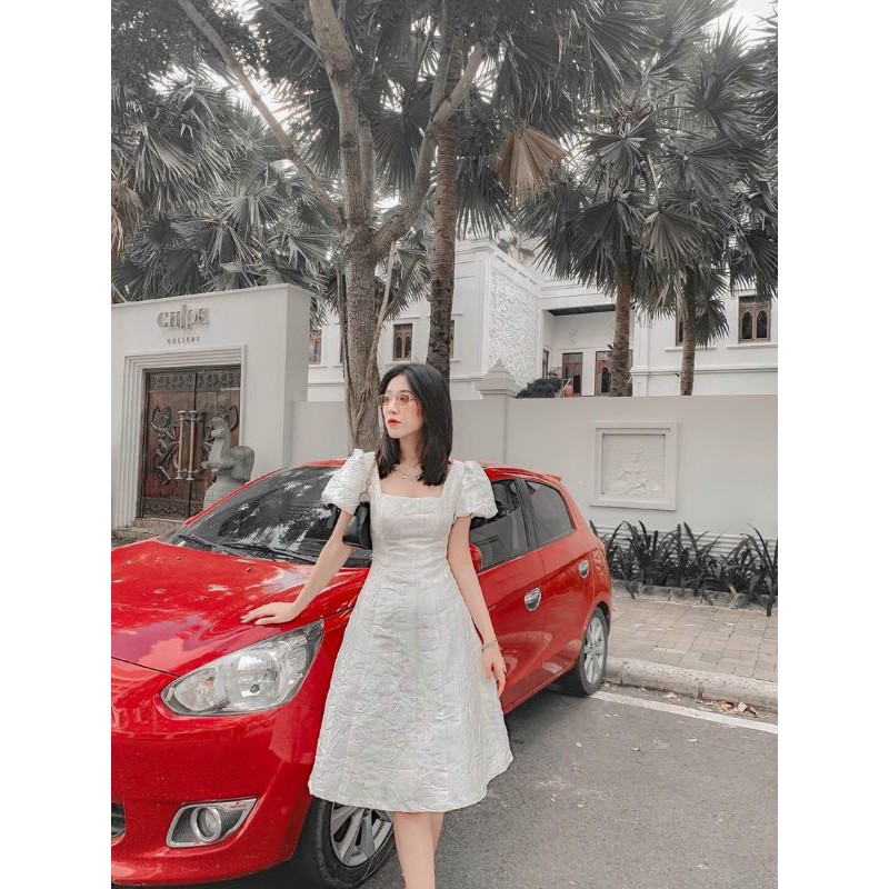 Đầm gấm nơ voan tay phồng_ video váy thứ 2 | BigBuy360 - bigbuy360.vn