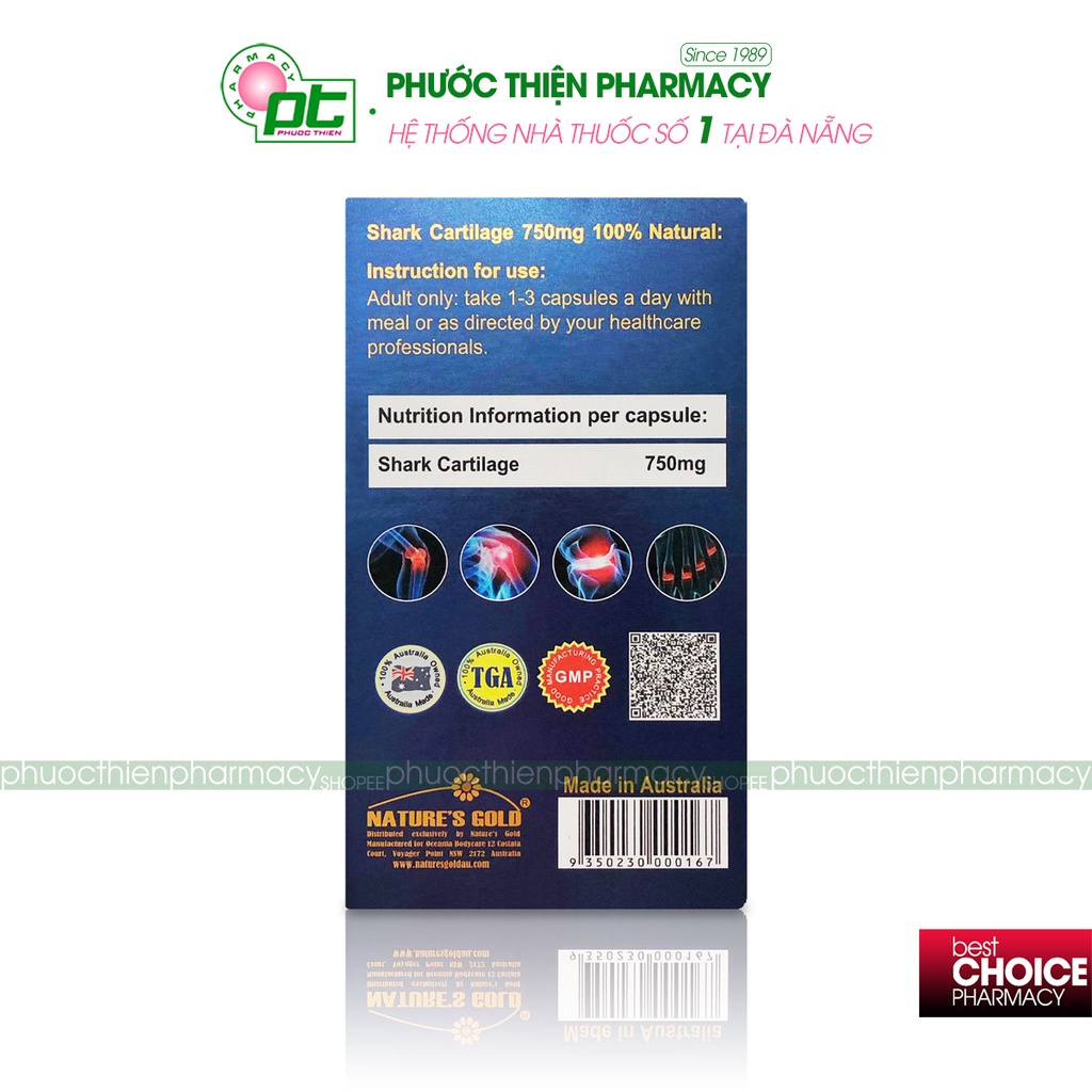 Viên uống Sụn vi cá mập Úc SHARK CARTILAGE 750mg Nature's Gold lọ 160 viên bổ khớp