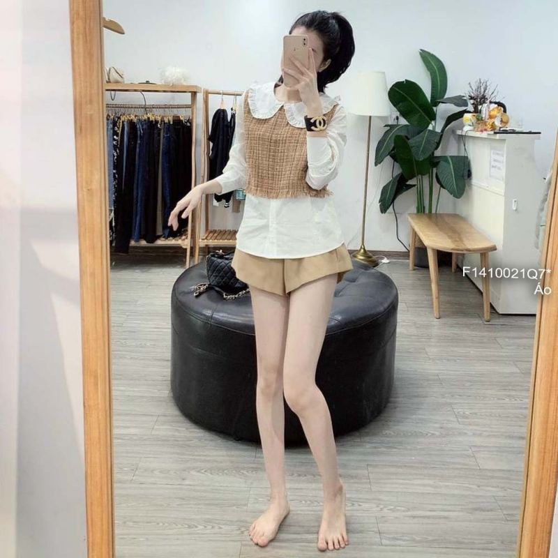 Áo sơ mi trắng phối dạ cổ bèo có khóa kéo sau tay dài!Freesize dưới 55kg
