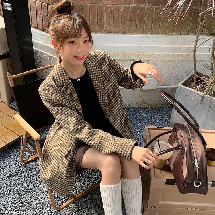 (Hàng Đẹp)Ảnh thật 5 hình cuối-Áo blazer kẻ caro vintage thu đông Hàn Quốc
