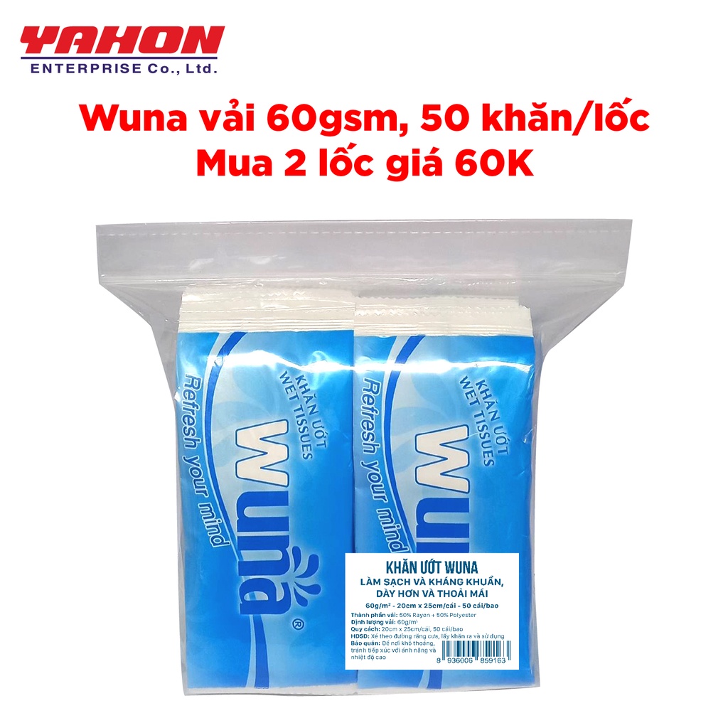 Lốc 50 Khăn Ướt Đơn Wuna Làm Sạch Kháng Khuẩn 60 gram 20*25cm