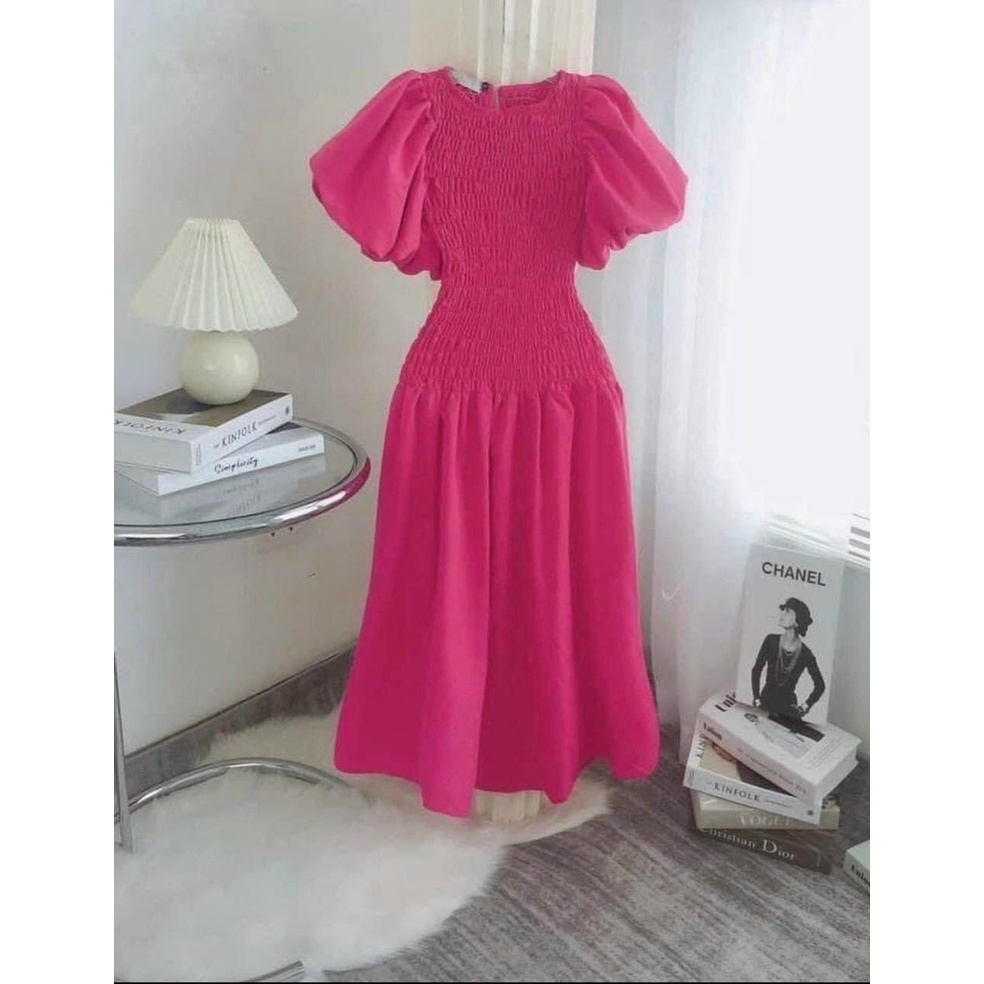 Váy maxi hồng trắng bo chun thân - dài tới mắt cá chân