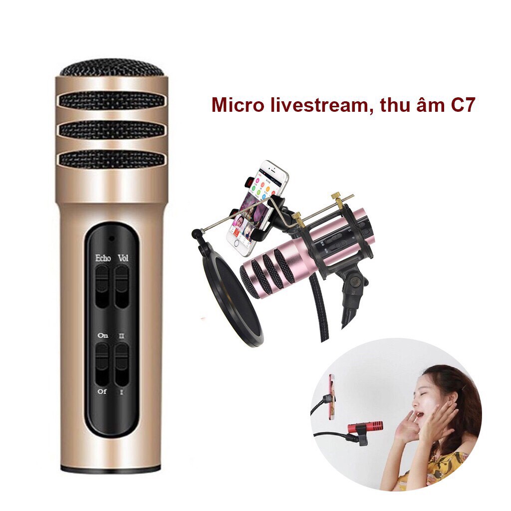 Mic thu âm C7 tích hợp 3 in 1 hát livestream , thu âm , karaoke ngoài ra 1 tặng tai nghe