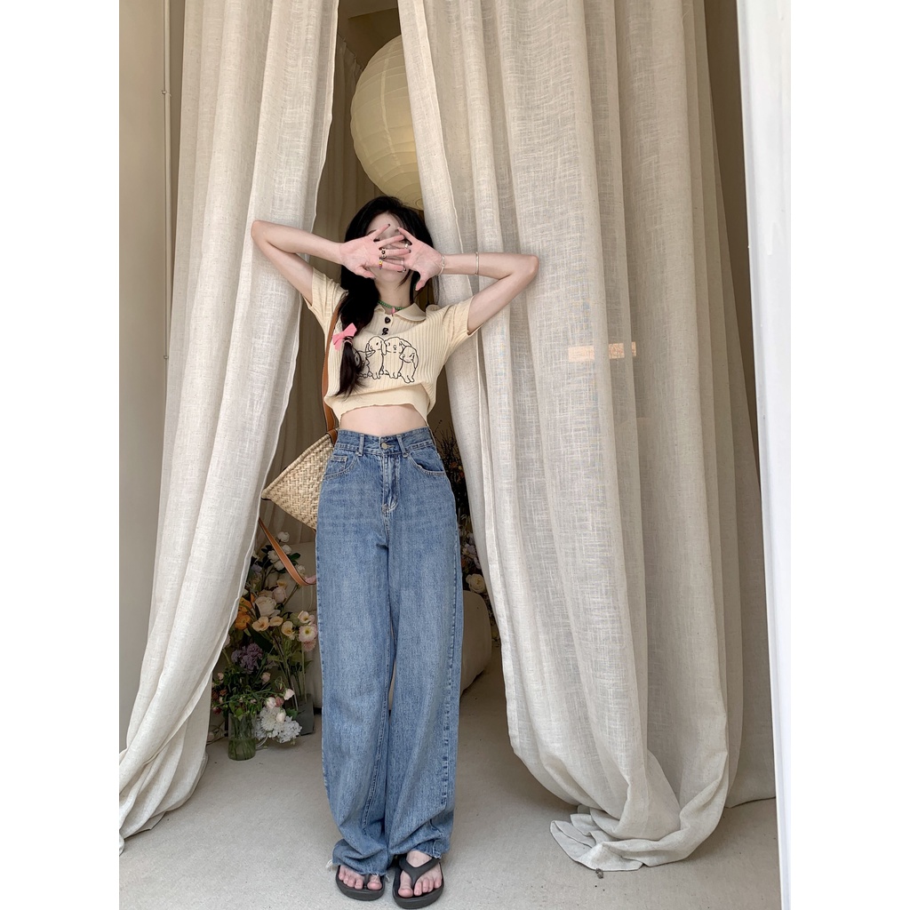 Cocory vn Áo Thun Croptop Dệt Kim Tay Ngắn Cổ Polo Thêu Họa Tiết Thỏ Thời Trang Mùa Hè Cho Nữ