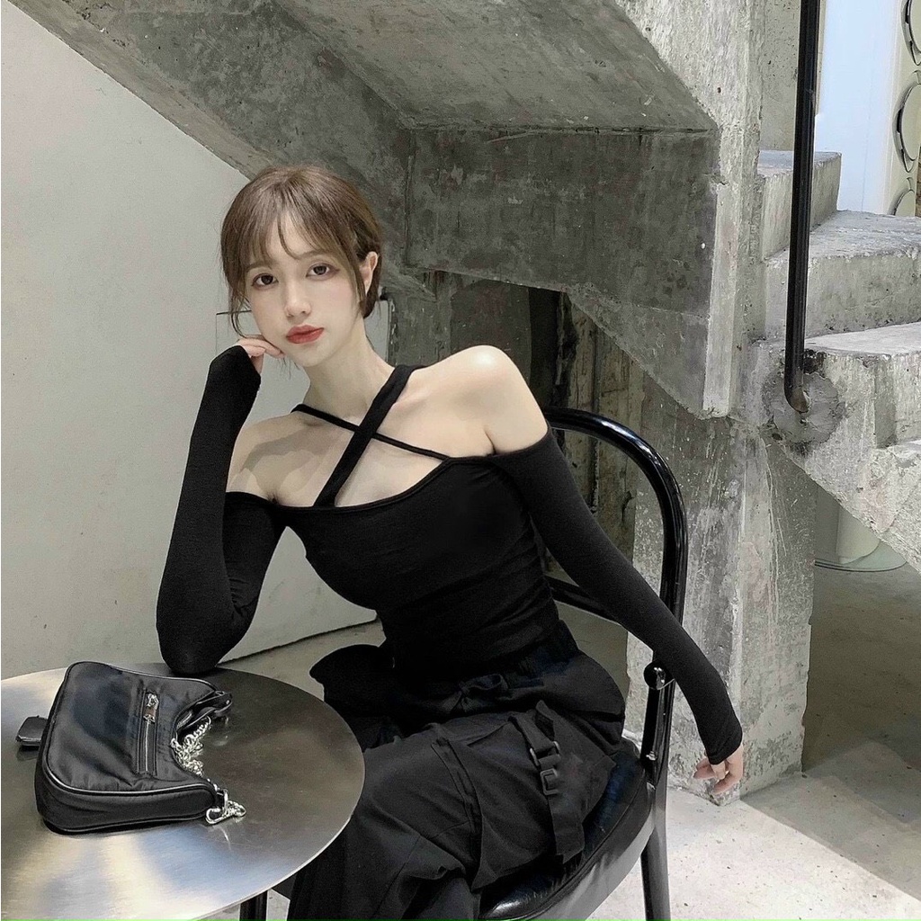 [VIDEO+FREESHIP ] ÁO CROPTOP KIỂU LỬNG NỮ DÀI TAY TRỄ VAI CHÉO NGỰC MÀU TRẮNG ĐEN XANH BƠ TIỂU THƯ CÁ TÍNH NITIQC