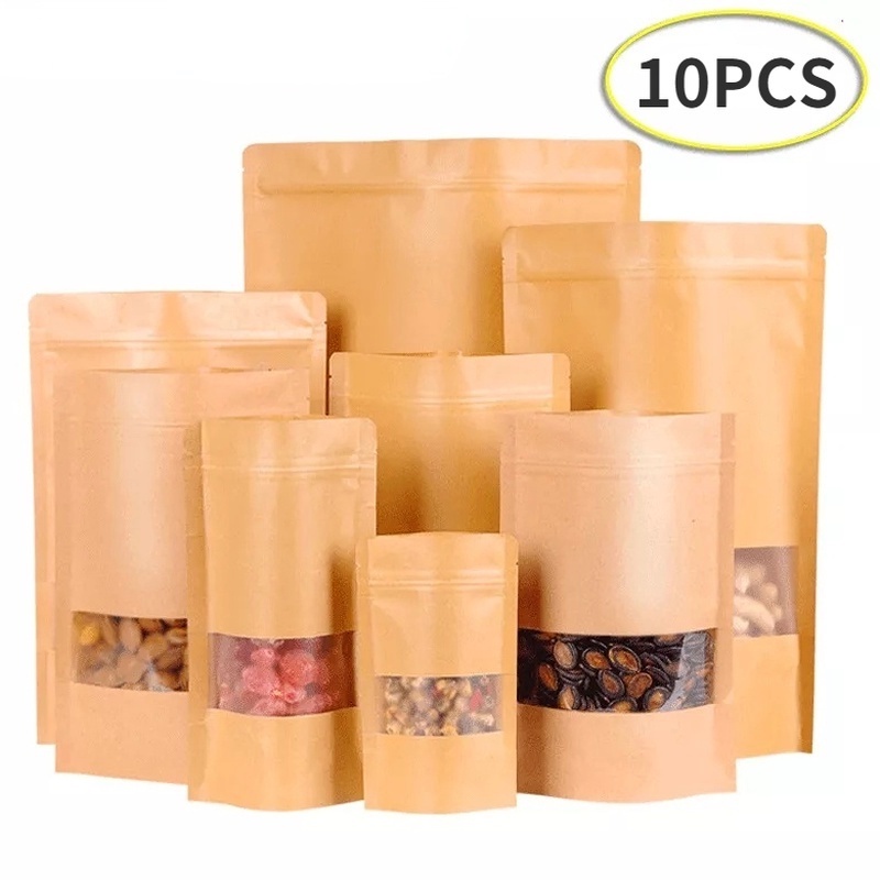 Set 10 Túi Giấy Kraft Màu Nâu Có Cửa Sổ Đứng Đựng Thực Phẩm Trà Cà Phê Kẹo Có Thể Tái Sử Dụng
