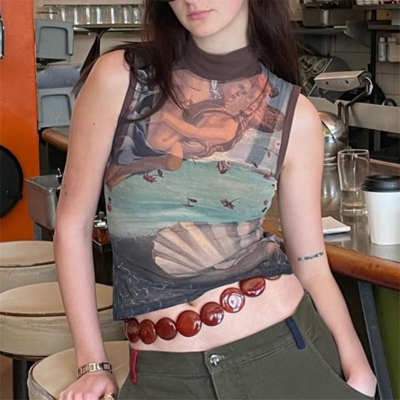 Áo Tank Top Cổ Tròn In Họa Tiết Nghệ Thuật Phong Cách Đường Phố Cho Nữ