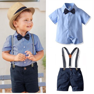 Bộ Áo Sơ Mi Cotton Ngắn Tay + Quần Yếm + Cà Vạt Cho Bé Trai / Gái 80-140