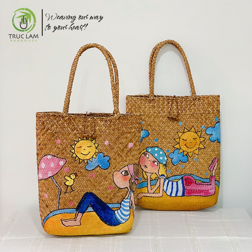 Túi Tre Đeo Vai Nữ Dáng Dài Bện Thủ Công Họa Tiết Vẽ Tay – Trúc Lâm Handmade