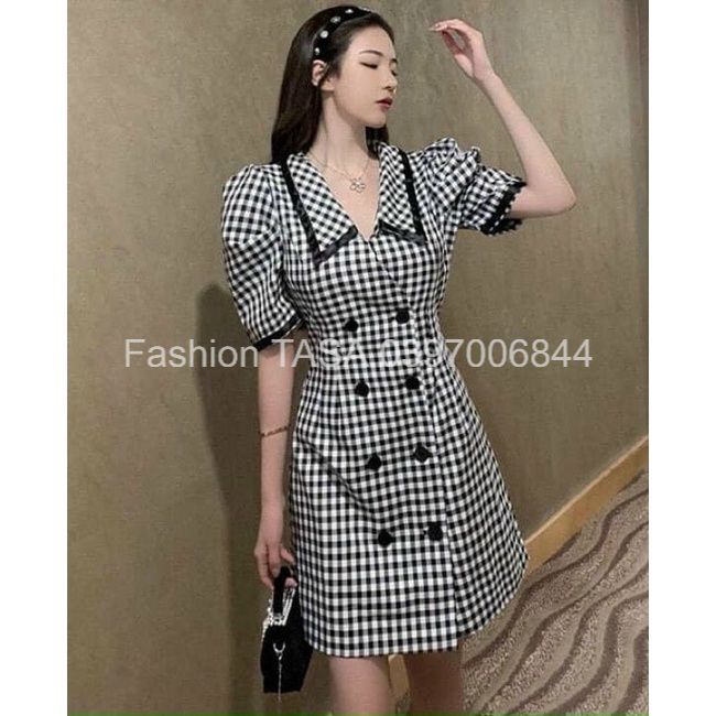 X2 Đầm ngắn công sở cổ vẻ đính nút váy caro đen cổ vest tiểu thư thanh lịch dự tiệc