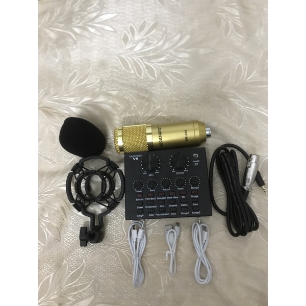 combo bộ mic thu âm livestream hát karaoke online micro woaichang bm900 card v8 bluetooth