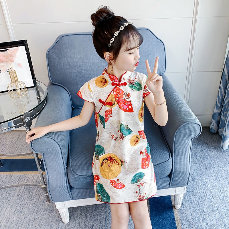 Đầm Sườn Xám Tay Ngắn Họa Tiết Hoa Phong Cách Trung Quốc Cho Bé Gái